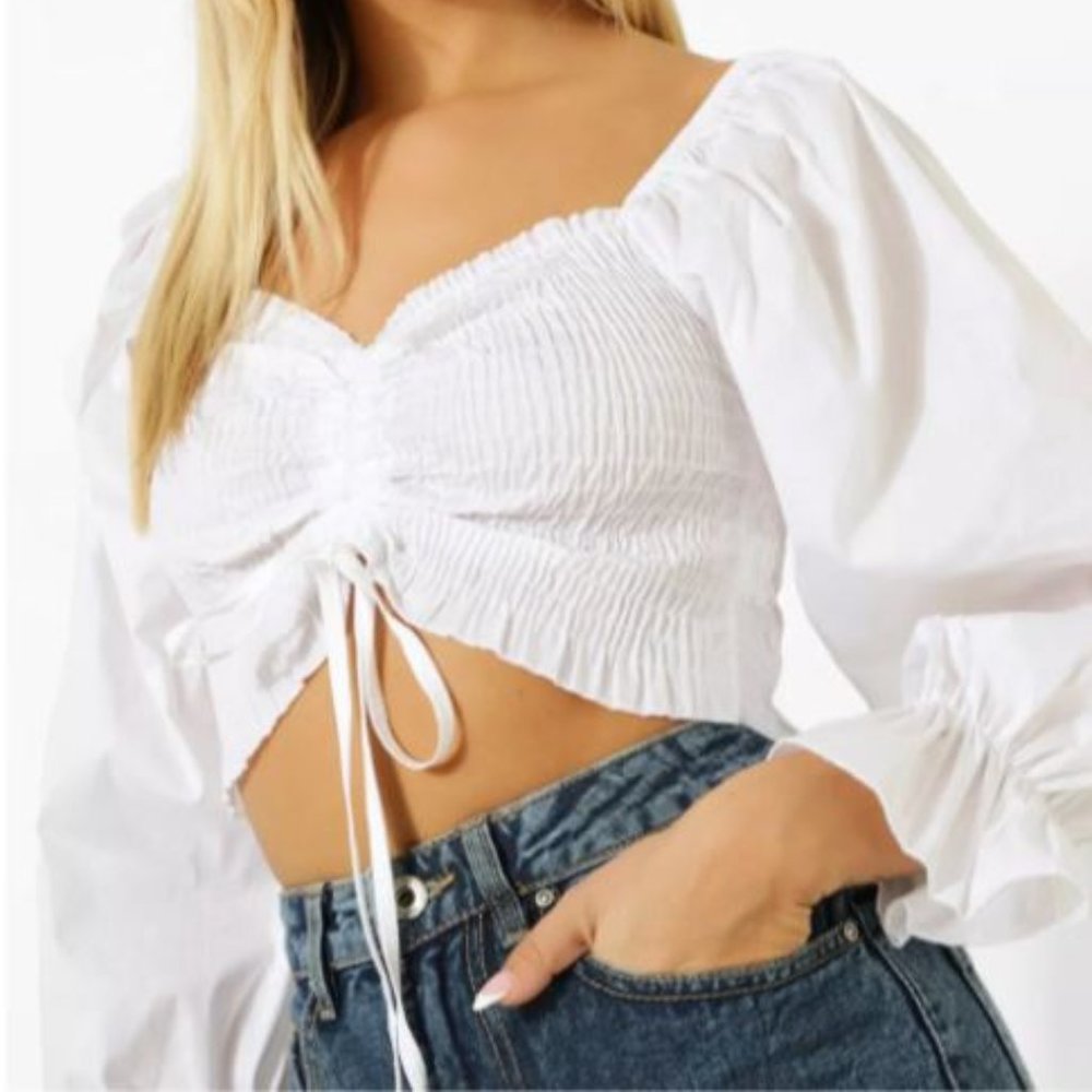Boohoo White Long Sleeve Ruched Front Crop Top